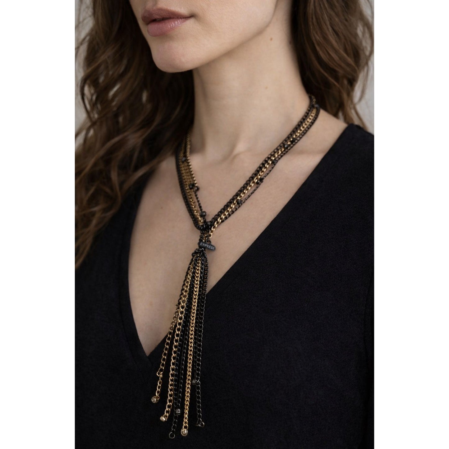 Express Multi Strand Chain Tassel Necklace Gold Black Layered Statement 16”