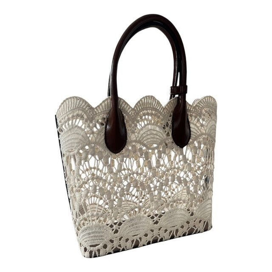 Cream Crochet Handbag with Brown Faux Leather Handles – Scalloped Edge – Structured Lining