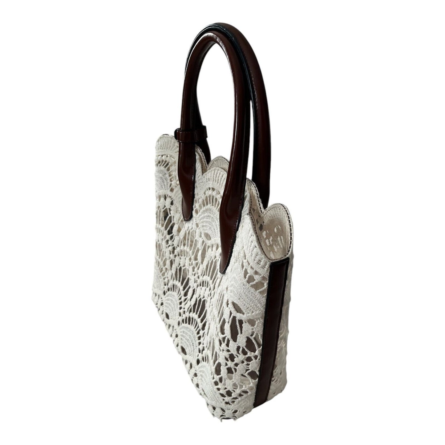 Cream Crochet Handbag with Brown Faux Leather Handles – Scalloped Edge – Structured Lining