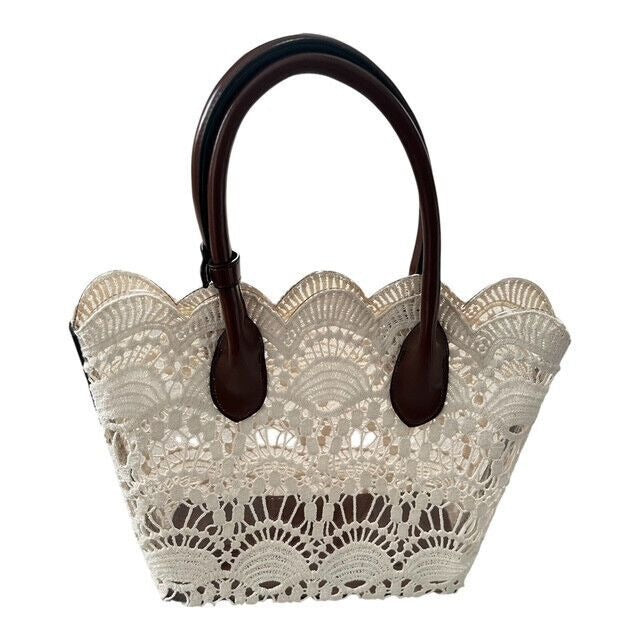 Cream Crochet Handbag with Brown Faux Leather Handles – Scalloped Edge – Structured Lining