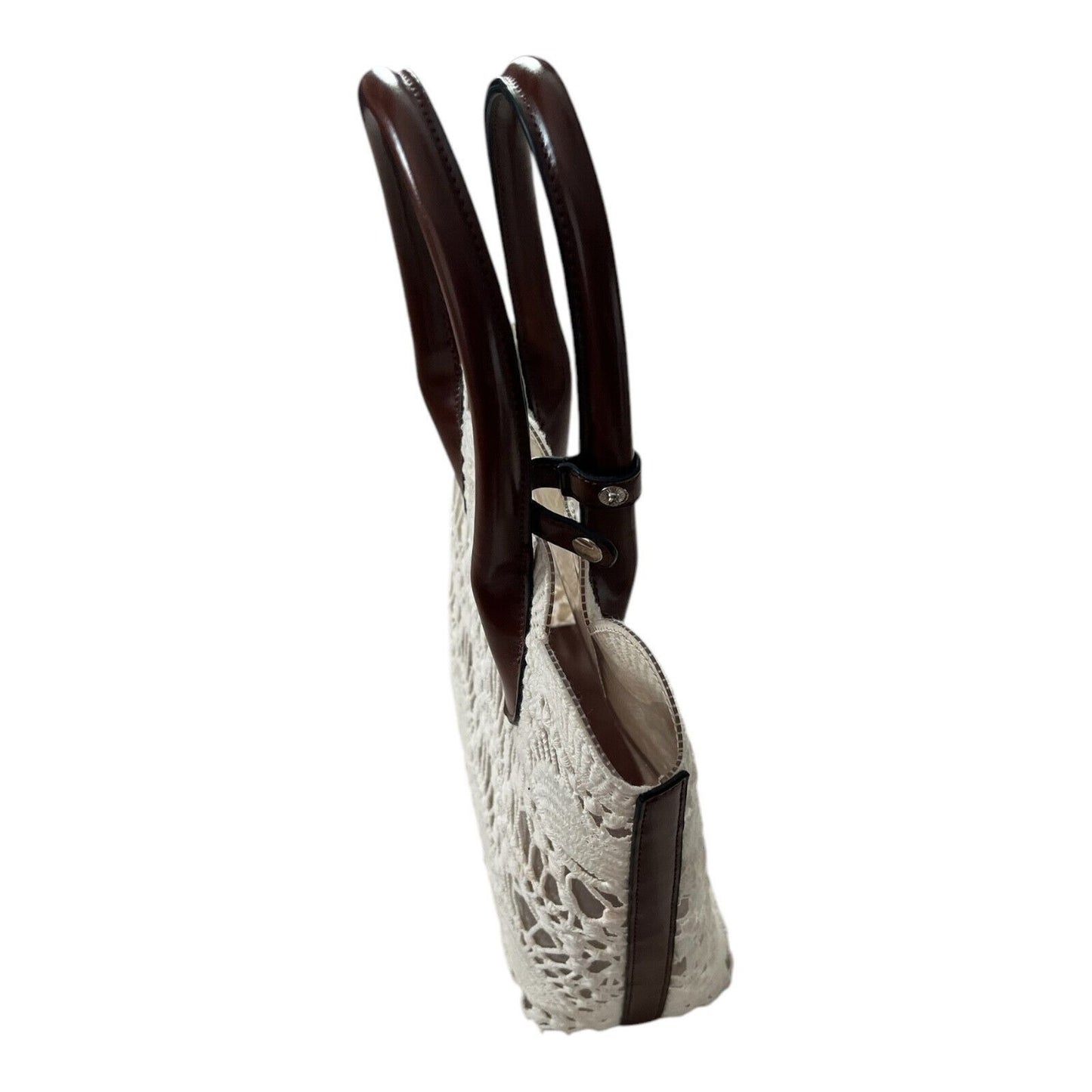 Cream Crochet Handbag with Brown Faux Leather Handles – Scalloped Edge – Structured Lining