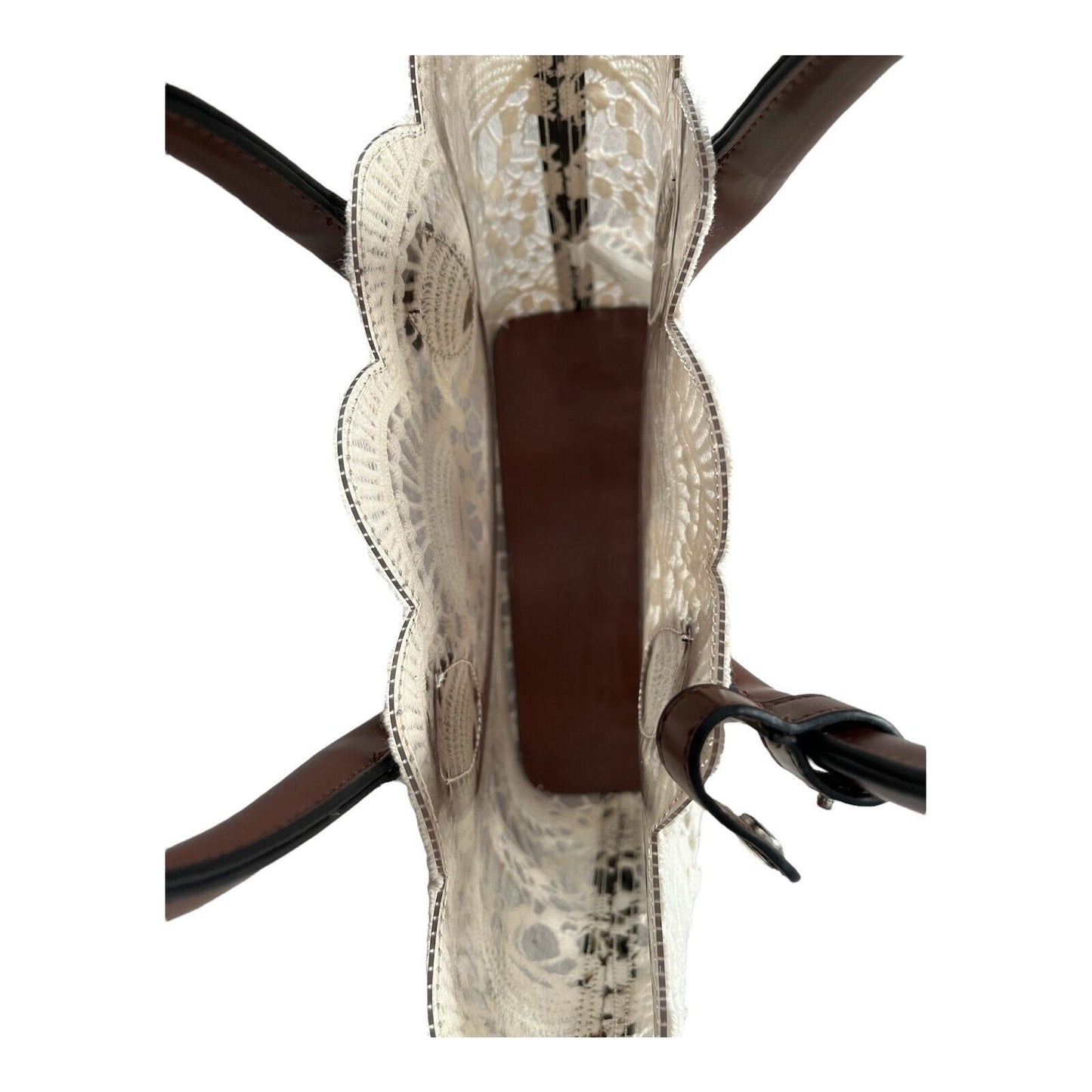 Cream Crochet Handbag with Brown Faux Leather Handles – Scalloped Edge – Structured Lining