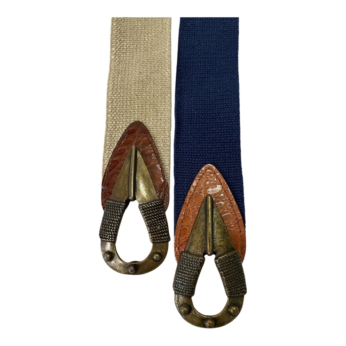 Vintage Omega Stretch Belts Small Set of 2 Canvas Elastic Brass Arrowhead Buckle Made in USA