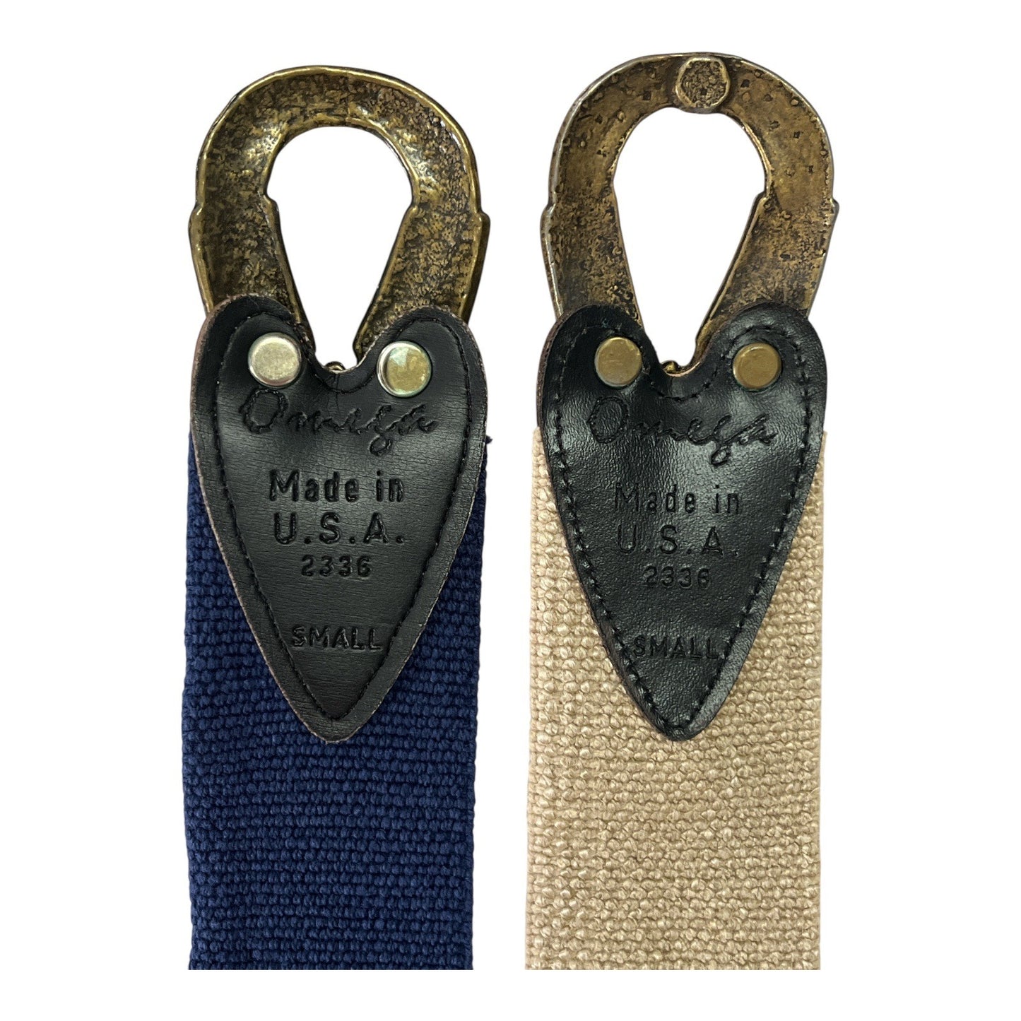 Vintage Omega Stretch Belts Small Set of 2 Canvas Elastic Brass Arrowhead Buckle Made in USA