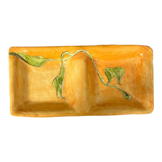 VTG Handmade Divided Ceramic Dish – Orange Glaze with Green Leaf Vine