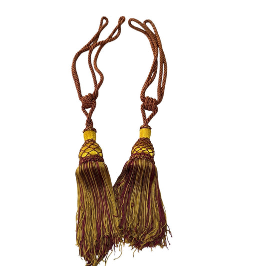 Vintage Decorative Curtain Tiebacks Double Tassel Rope Tie Backs Gold Burgundy 26" Pair