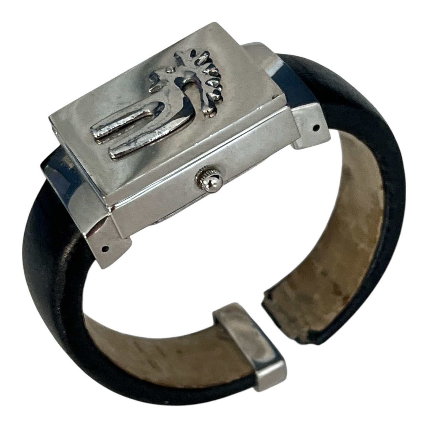 Vintage Kokopelli Cuff Watch Black Leather Wide Band Japan Quartz