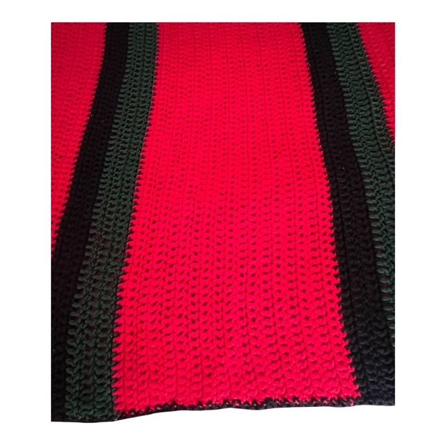 Vintage Red and Green Striped Crochet Afghan – Handmade Throw Blanket – 61 x 52 Inches