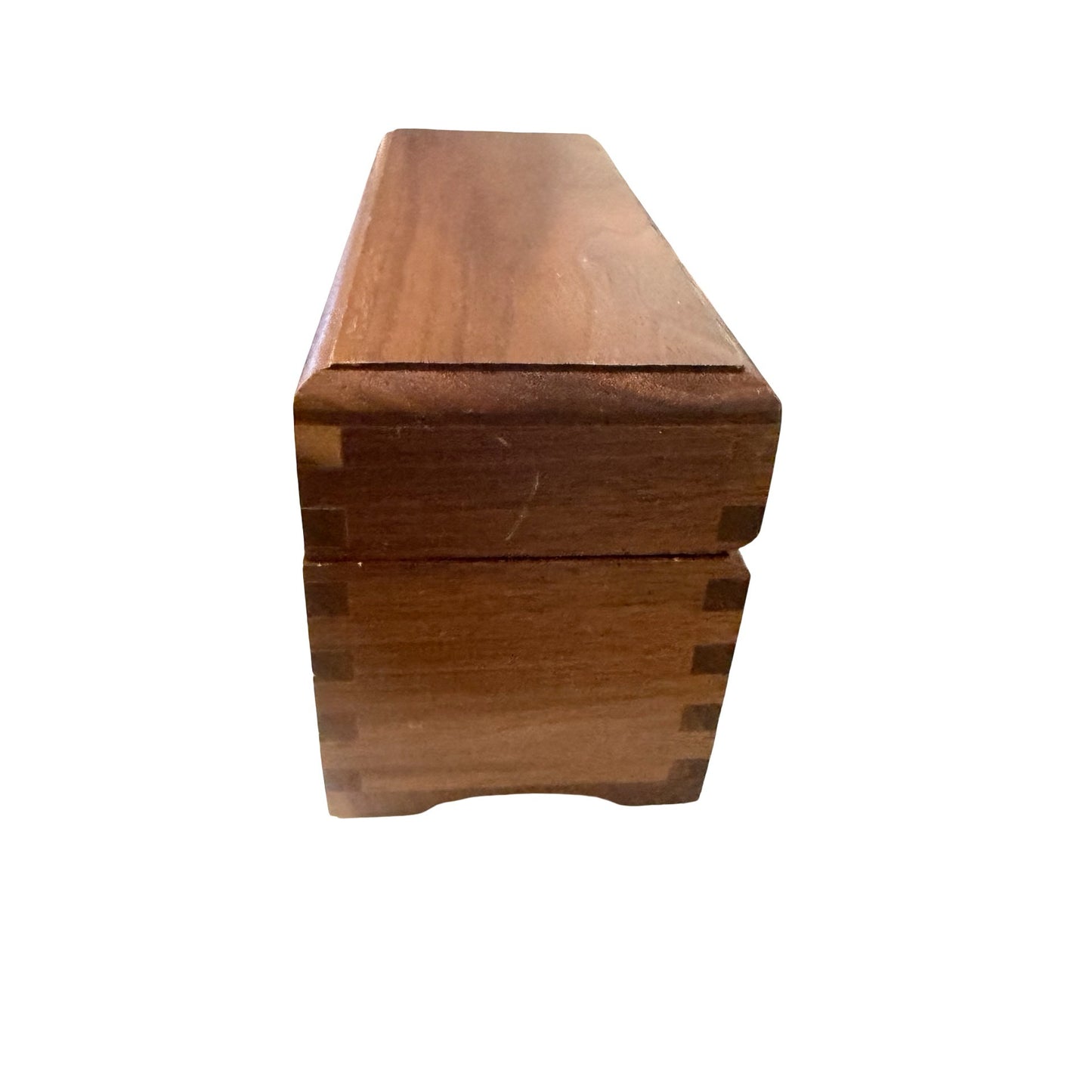 Vintage Walnut Dovetail Wooden Keepsake Box Jewelry Trinket Storage Red Velvet Lined