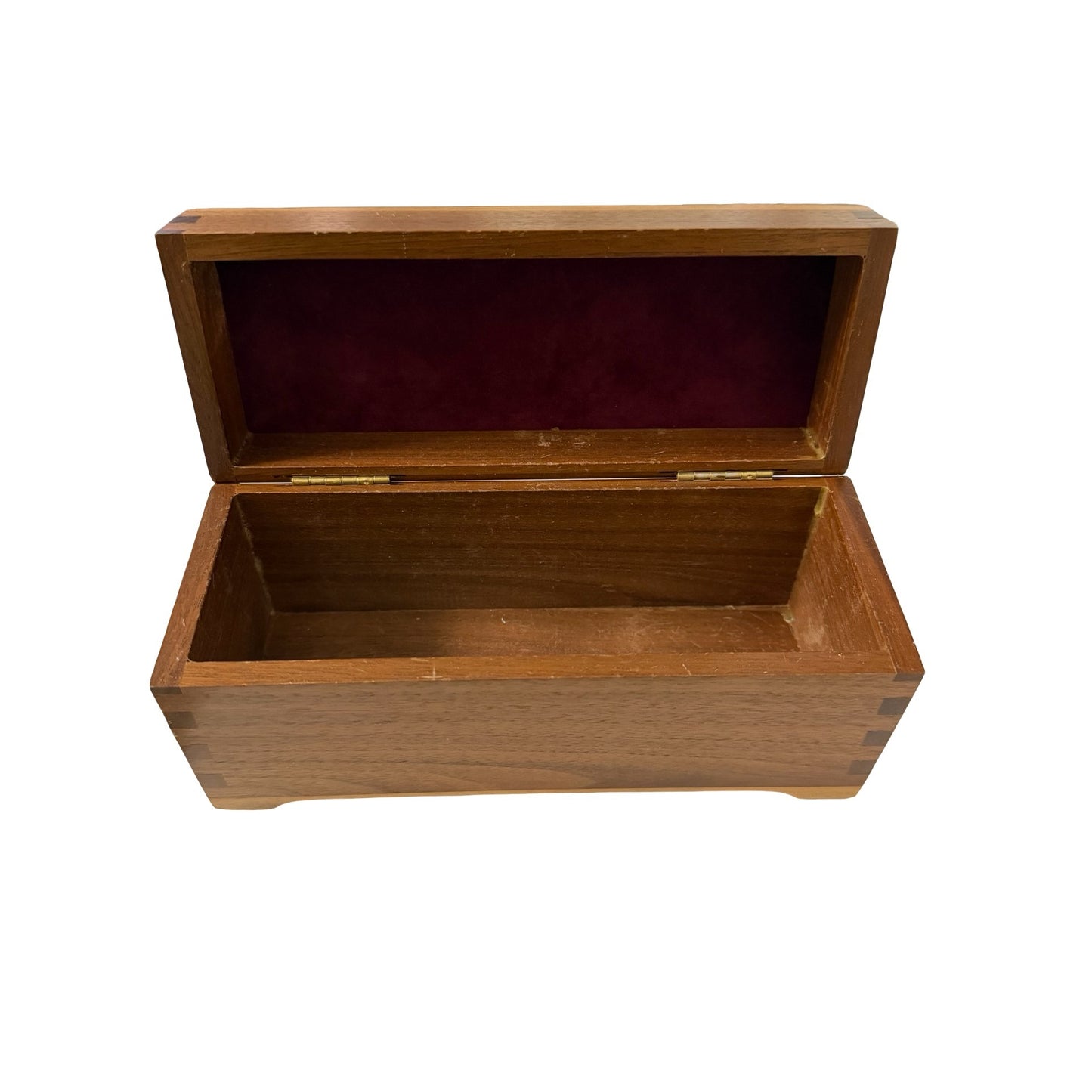 Vintage Walnut Dovetail Wooden Keepsake Box Jewelry Trinket Storage Red Velvet Lined