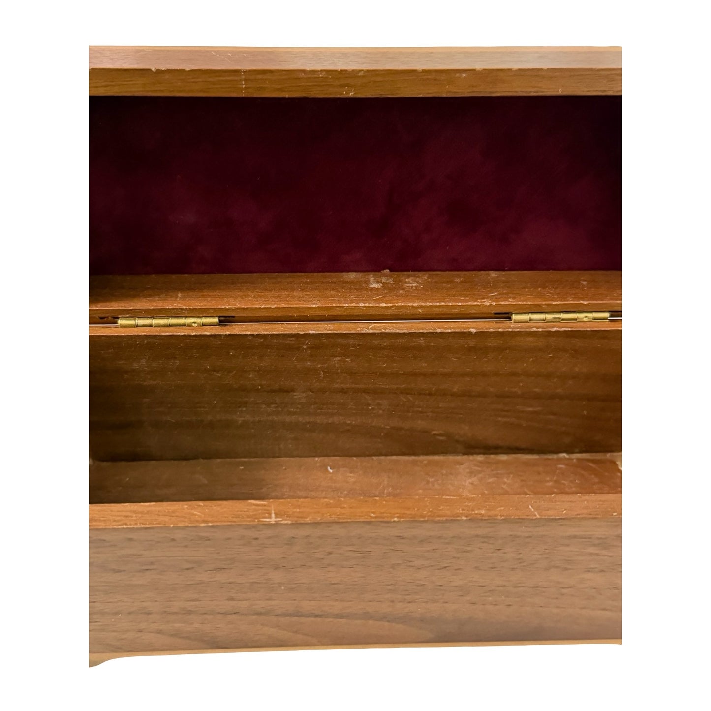 Vintage Walnut Dovetail Wooden Keepsake Box Jewelry Trinket Storage Red Velvet Lined