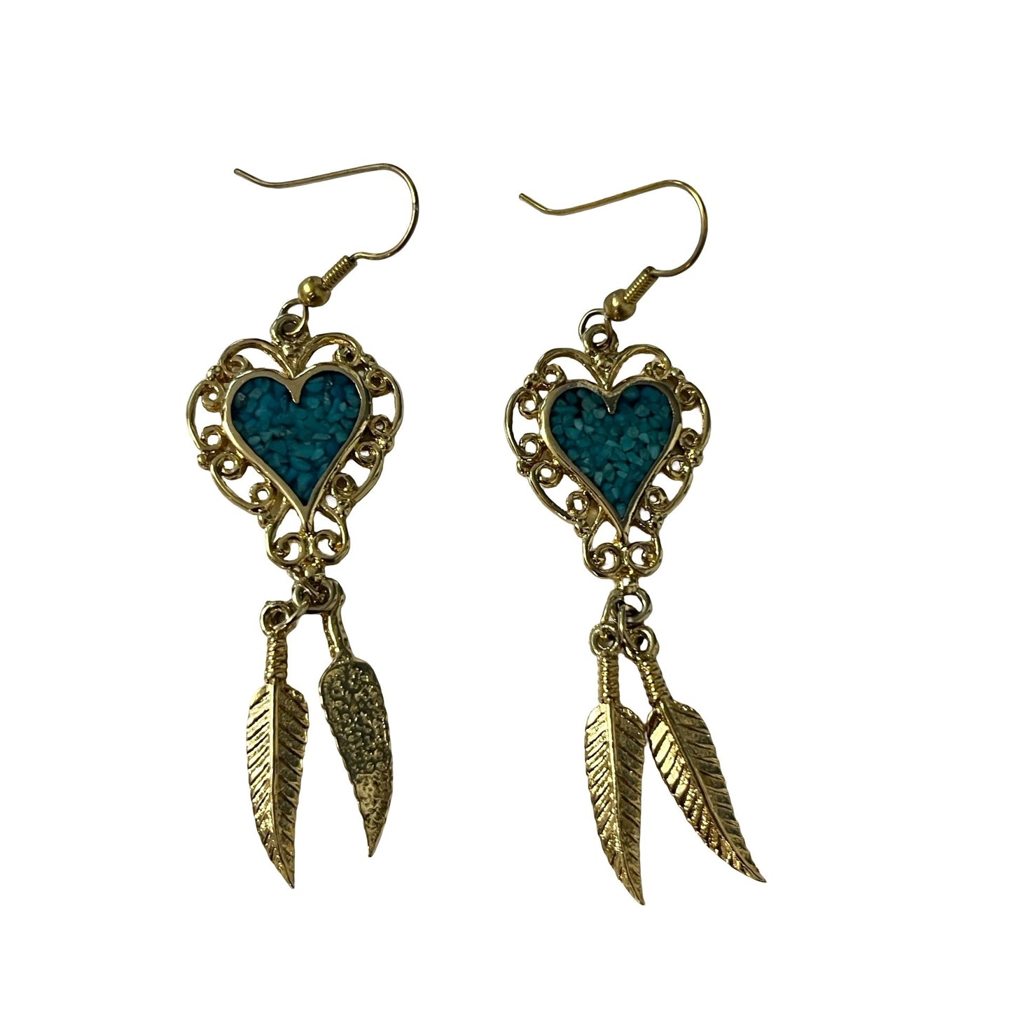 Turquoise Heart Dangle Earrings Gold Tone Feather Drops Boho Western Style Jewelry