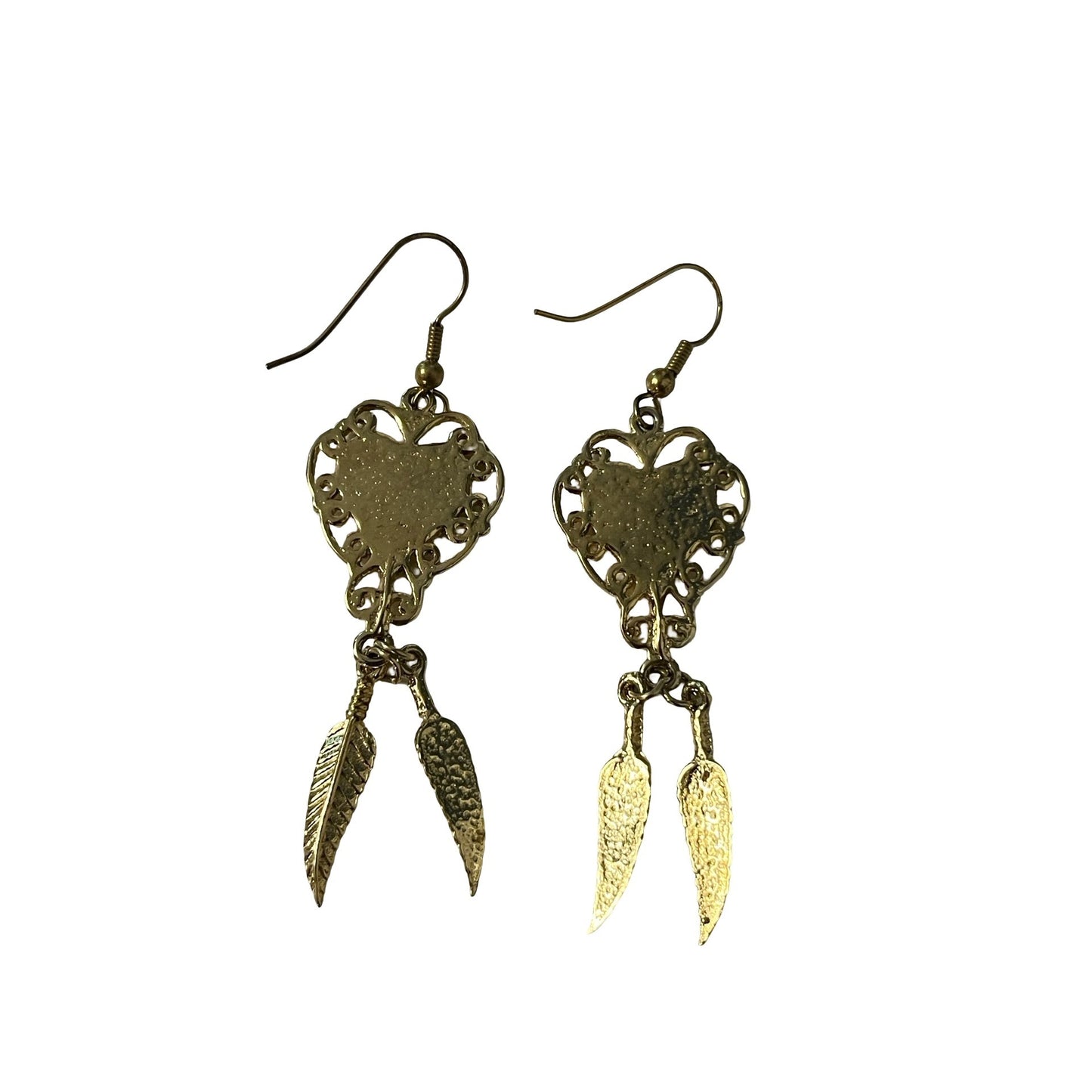 Turquoise Heart Dangle Earrings Gold Tone Feather Drops Boho Western Style Jewelry
