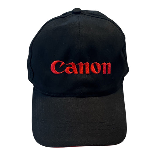 Vintage Canon Camera Logo Hat – Black Baseball Cap with Red Embroidered Logo – Adjustable Strapback – AMC Deluxe Headwear