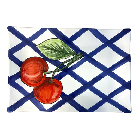 Vtg. Hand-Painted Italian Cherry Platter – Vietri sul Mare Ceramica e, 11.5x8, Blue Gingham