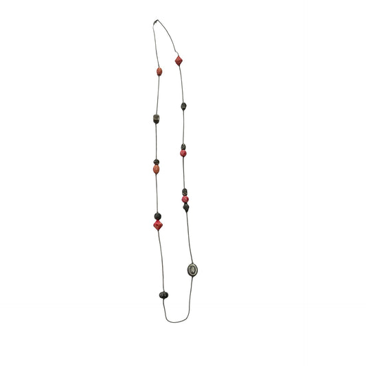 Vintage Korea 53 Inch Long Station Necklace Coral Pink Beads Silver Tone Boho