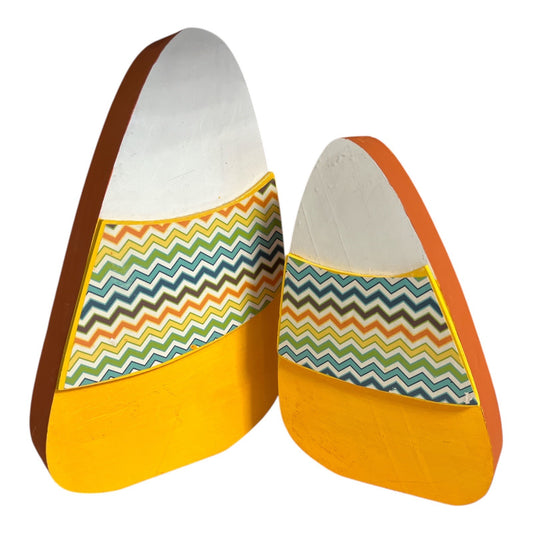 Set of 2 Wooden Candy Corn Decorations – 2010s Chevron Halloween Fall Rustic Farmhouse Shelf Sitter