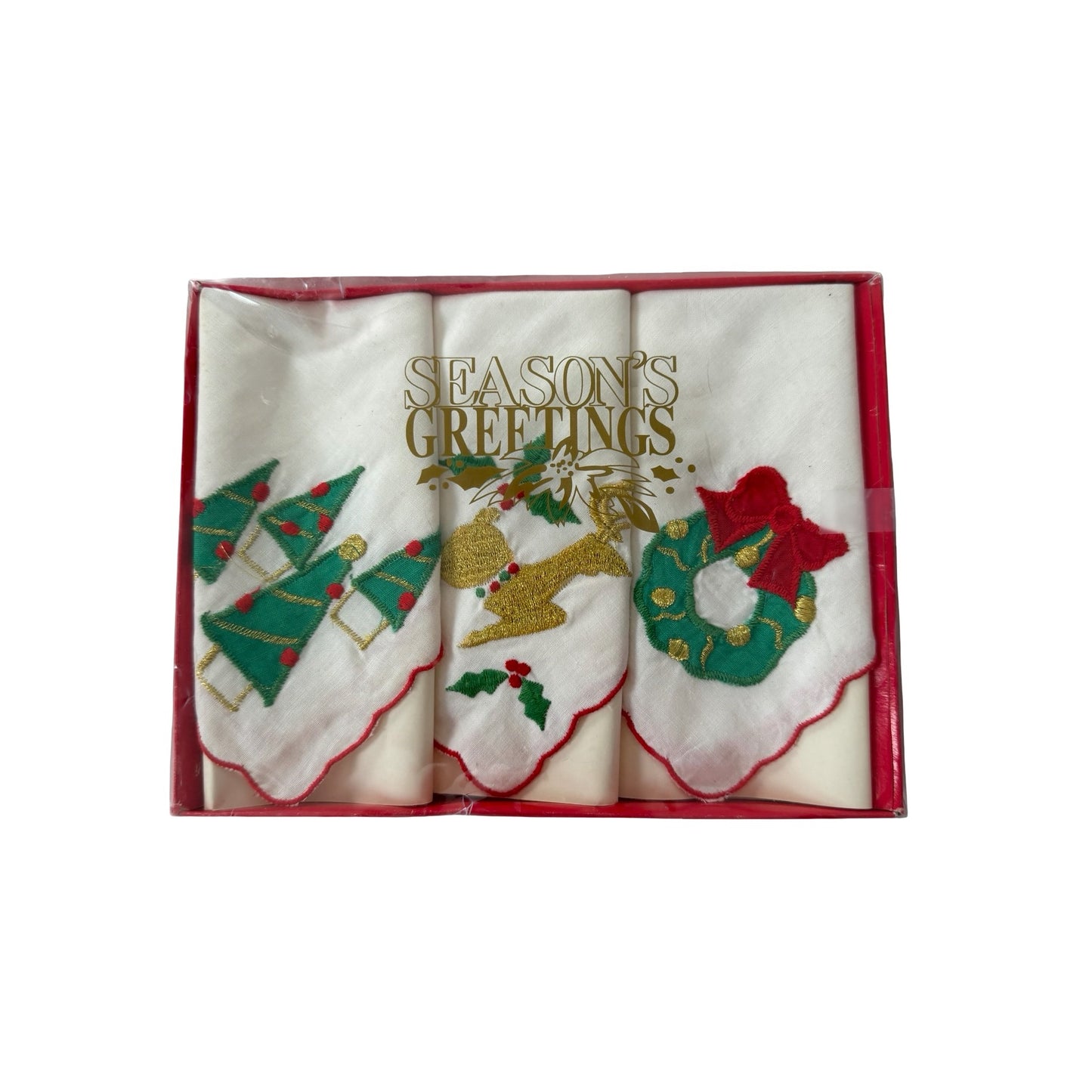 Vintage Walmart Season's Greetings Christmas Embroidered Handkerchiefs Set of 3 New in Box
