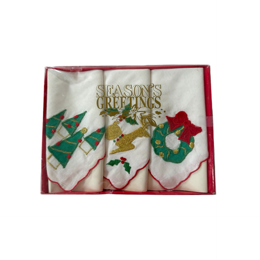 Vintage Walmart Season's Greetings Christmas Embroidered Handkerchiefs Set of 3 New in Box