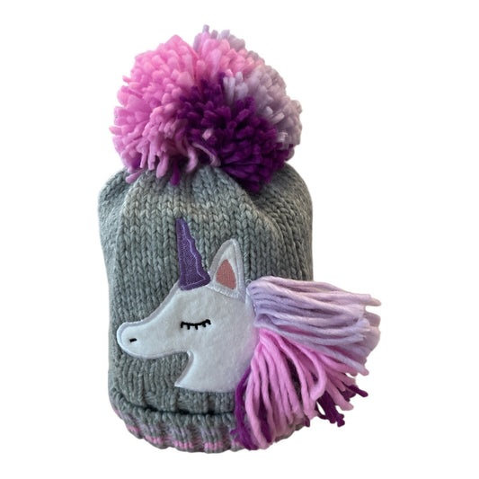 Girls' Unicorn Pom-Pom Beanie Hat – Gray Knit with Fleece Lining – ACCSA Brand – One Size