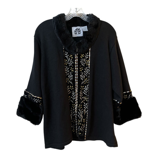 Storybook Knits Black Embroidered Faux Fur Jacket – Size 1X – Floral Sequins Holiday Glam