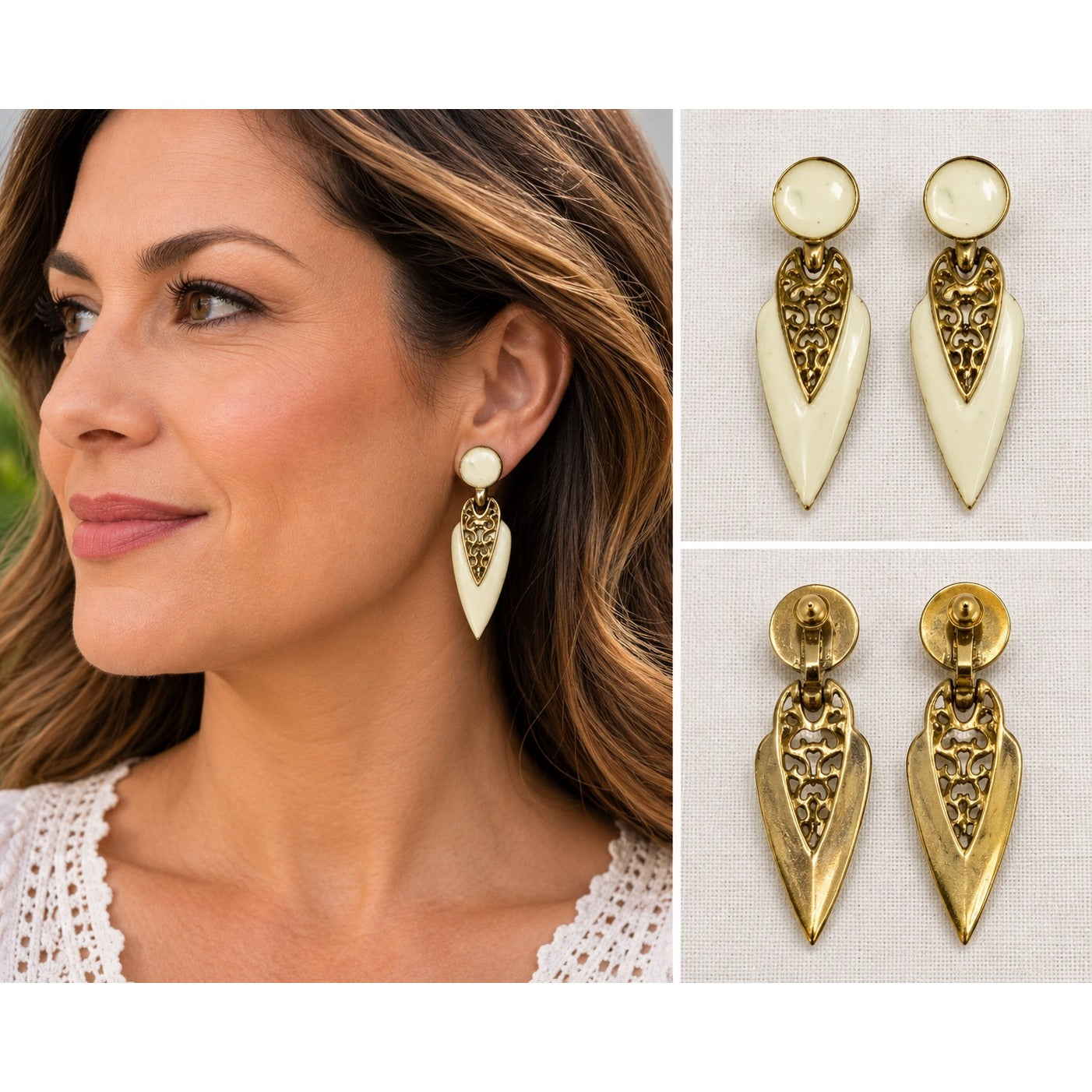 Vintage White Enamel Gold Tone Filigree Dangle Clip On Earrings