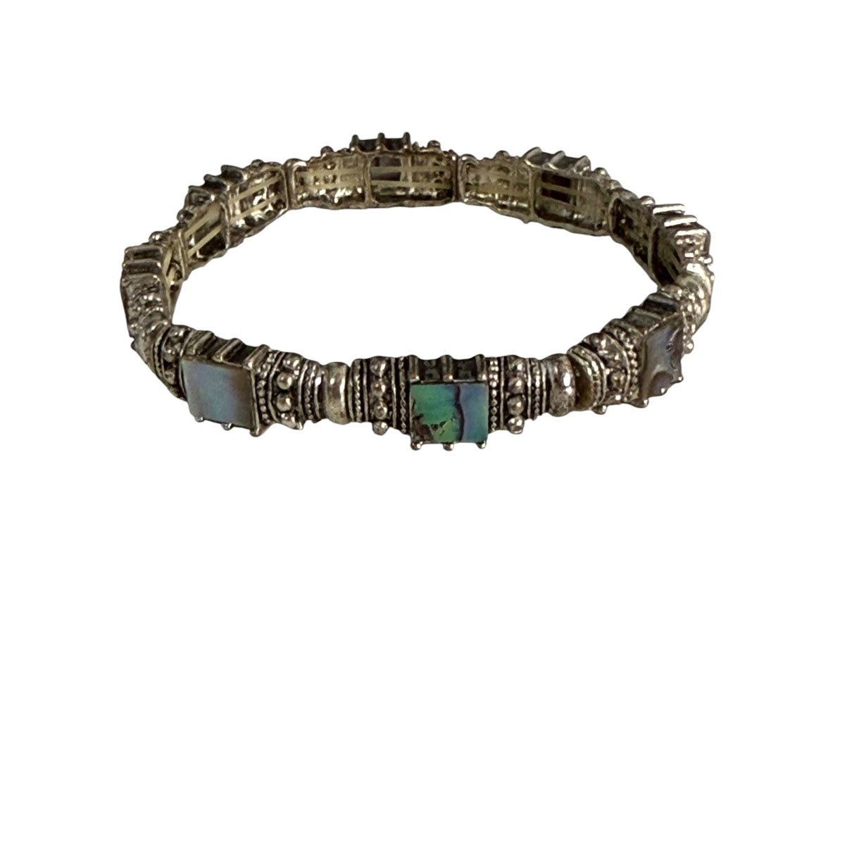 Vintage Abalone Shell Stretch Bracelet Silver Tone Rhinestone Panel Statement Jewelry