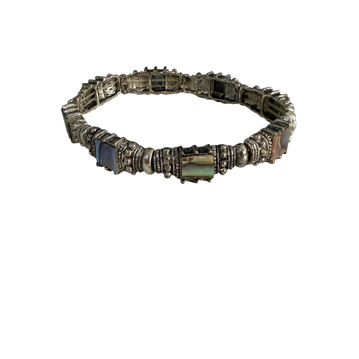 Vintage Abalone Shell Stretch Bracelet Silver Tone Rhinestone Panel Statement Jewelry