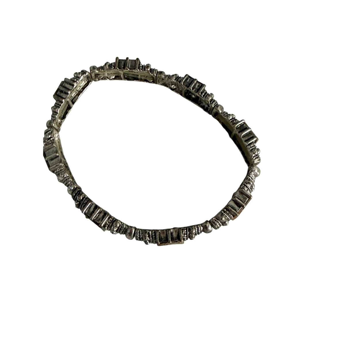 Vintage Abalone Shell Stretch Bracelet Silver Tone Rhinestone Panel Statement Jewelry
