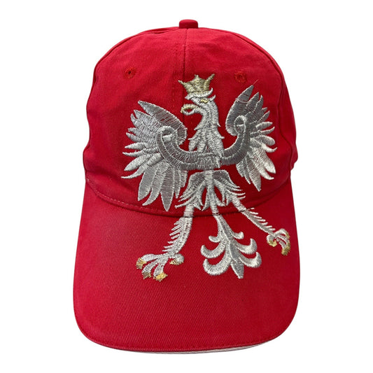 Polska Red Baseball Cap – Silver Embroidered Polish Eagle – Adjustable Strapback