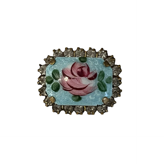 Vintage Enamel Rose Brooch Rhinestone Border Blue Floral Pin Cottagecore Romantic Jewelry