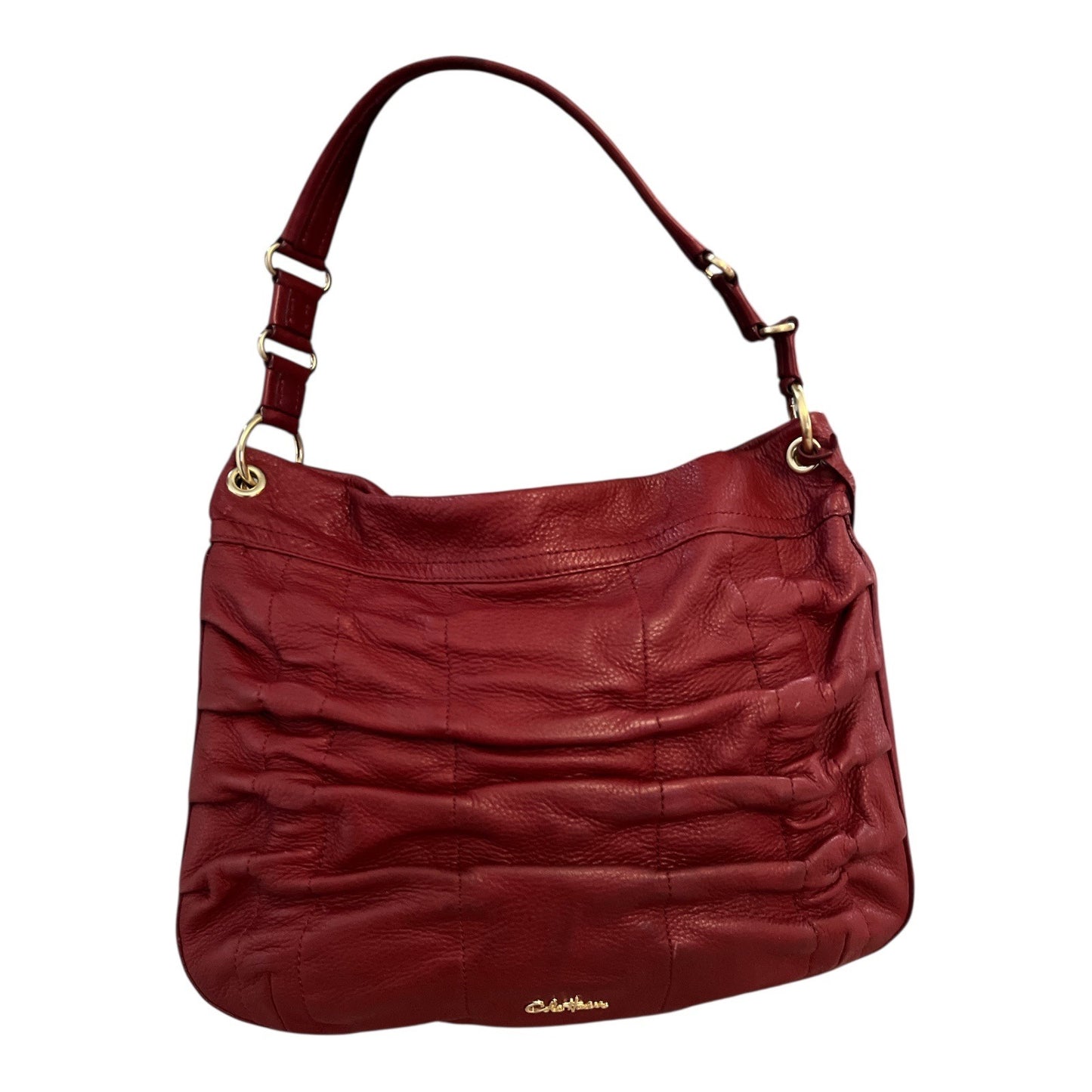 Cole Haan Gathered Leather Hobo Shoulder Bag Red Pebbled Leather Gold Tone Hardware