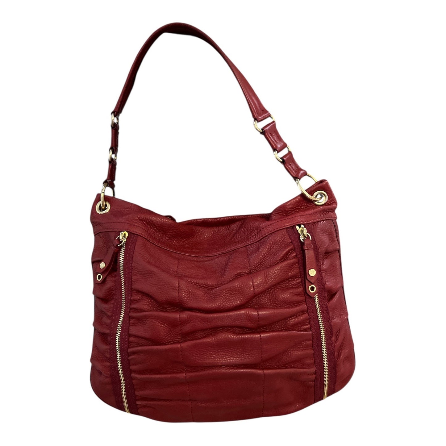 Cole Haan Gathered Leather Hobo Shoulder Bag Red Pebbled Leather Gold Tone Hardware