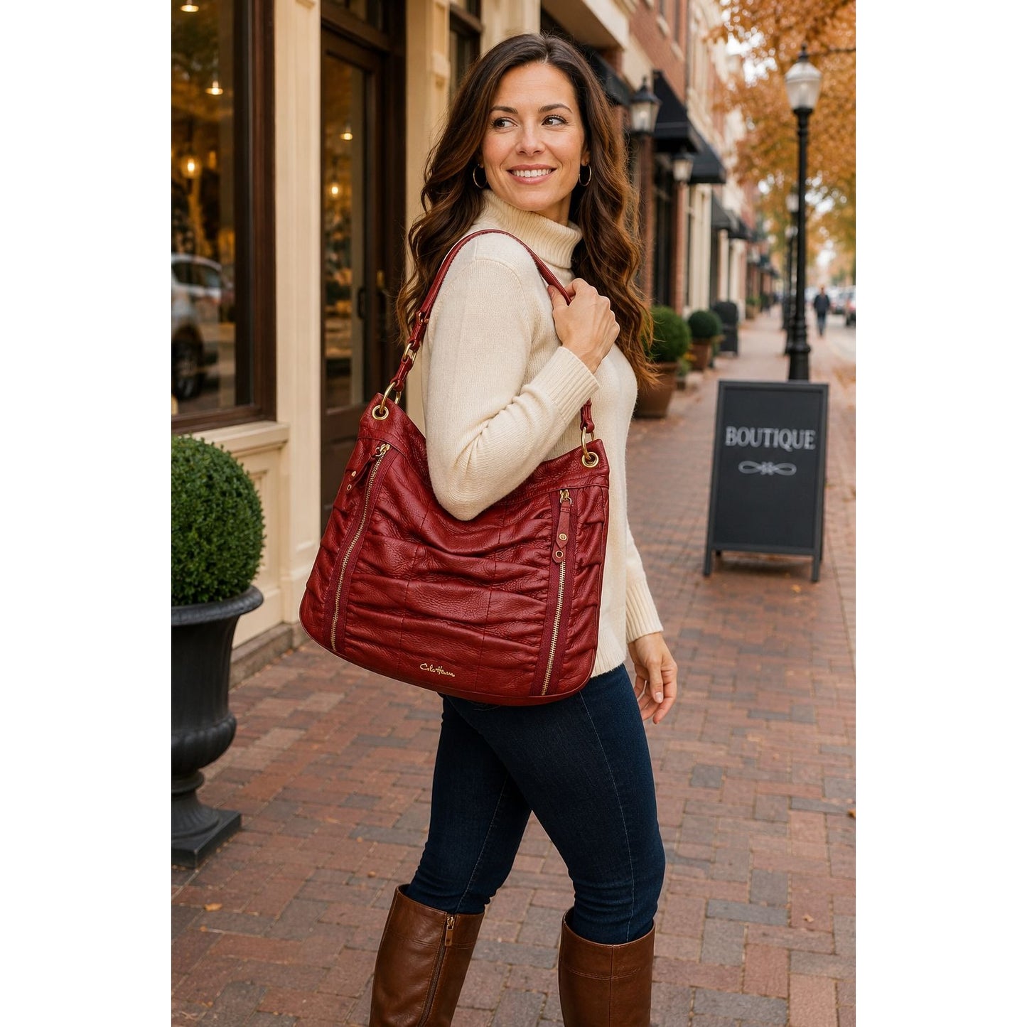 Cole Haan Gathered Leather Hobo Shoulder Bag Red Pebbled Leather Gold Tone Hardware
