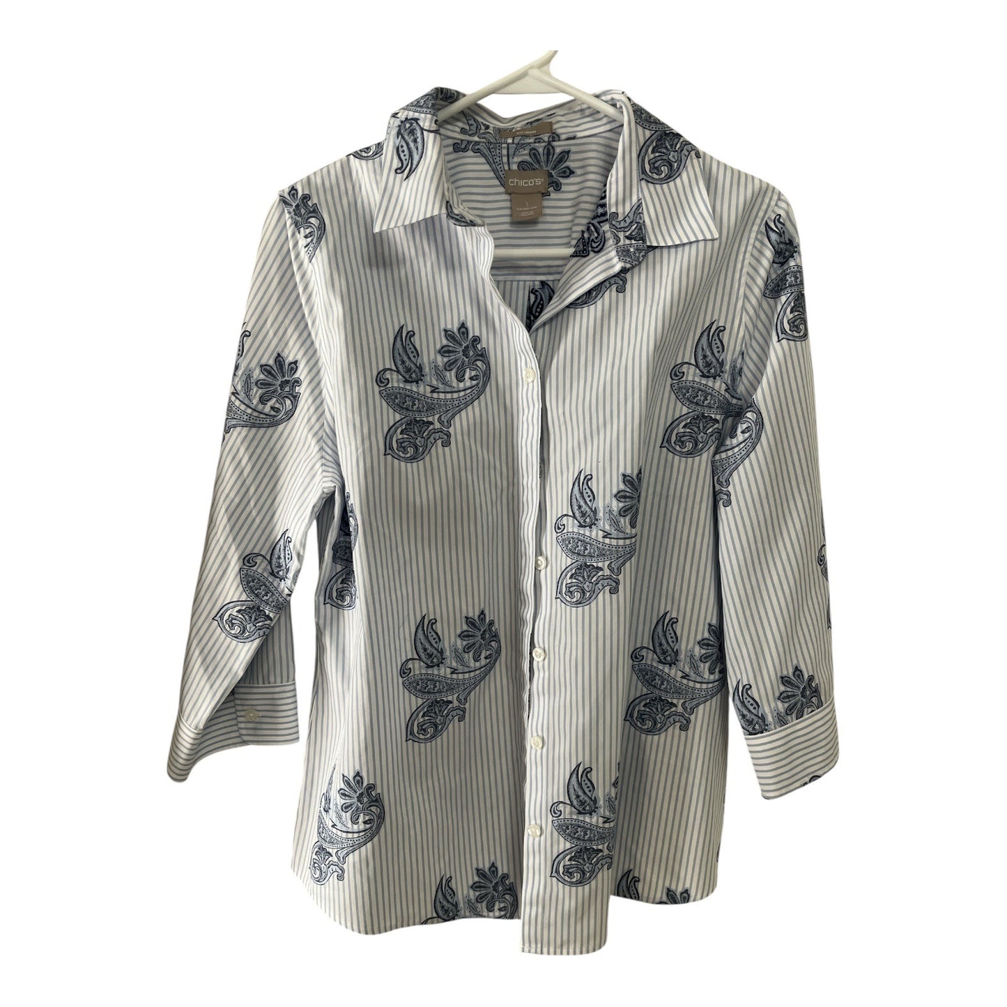 Chico’s Women’s Button Down Shirt – Size 1 (M 8/10) – Blue Paisley Stripe – No Iron