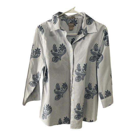 Chico’s Women’s Button Down Shirt – Size 1 (M 8/10) – Blue Paisley Stripe – No Iron
