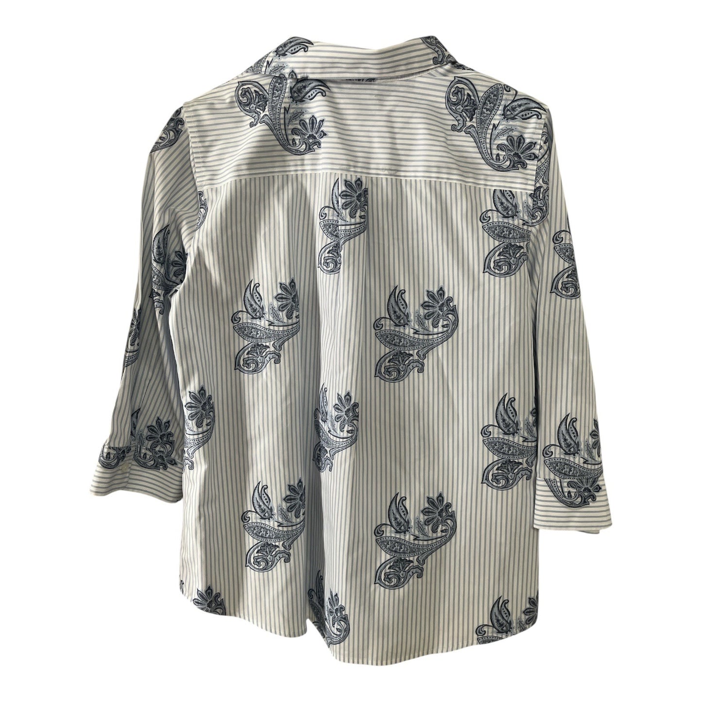 Chico’s Women’s Button Down Shirt – Size 1 (M 8/10) – Blue Paisley Stripe – No Iron