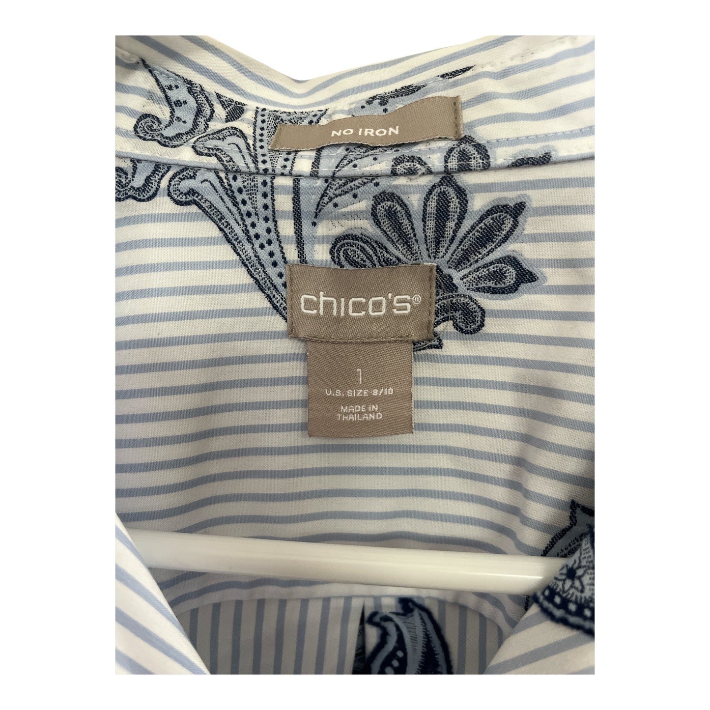 Chico’s Women’s Button Down Shirt – Size 1 (M 8/10) – Blue Paisley Stripe – No Iron