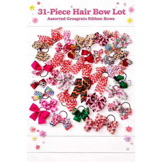 31-Piece Hair Bow Lot Girls Grosgrain Ribbon Ponytail Holders Colorful Mix