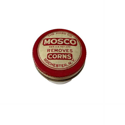 Vintage MOSCO Corn Remover Milk Glass Jar With Metal Lid Partial Contents Rochester NY