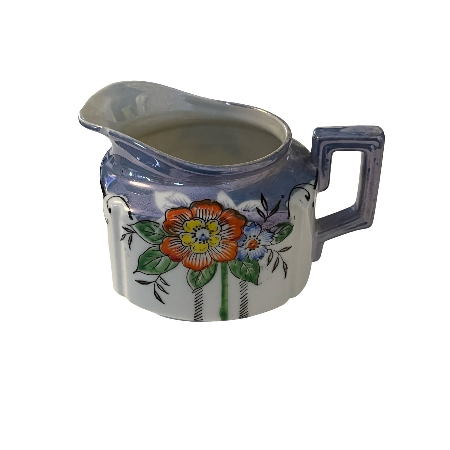 Vintage Japan Blue Lusterware Creamer Floral Pitcher Art Deco Handle Iridescent