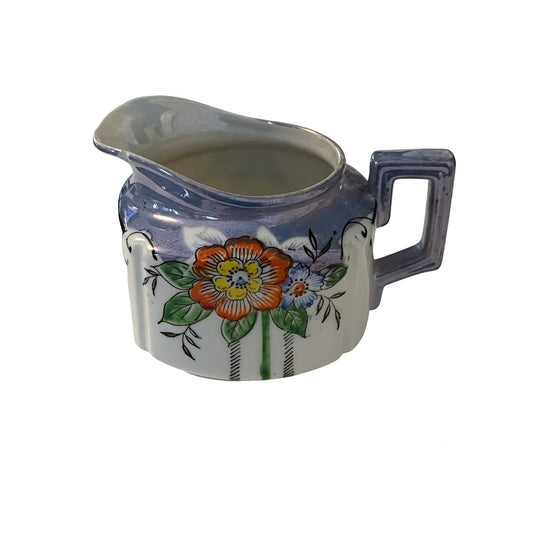 Vintage Japan Blue Lusterware Creamer Floral Pitcher Art Deco Handle Iridescent