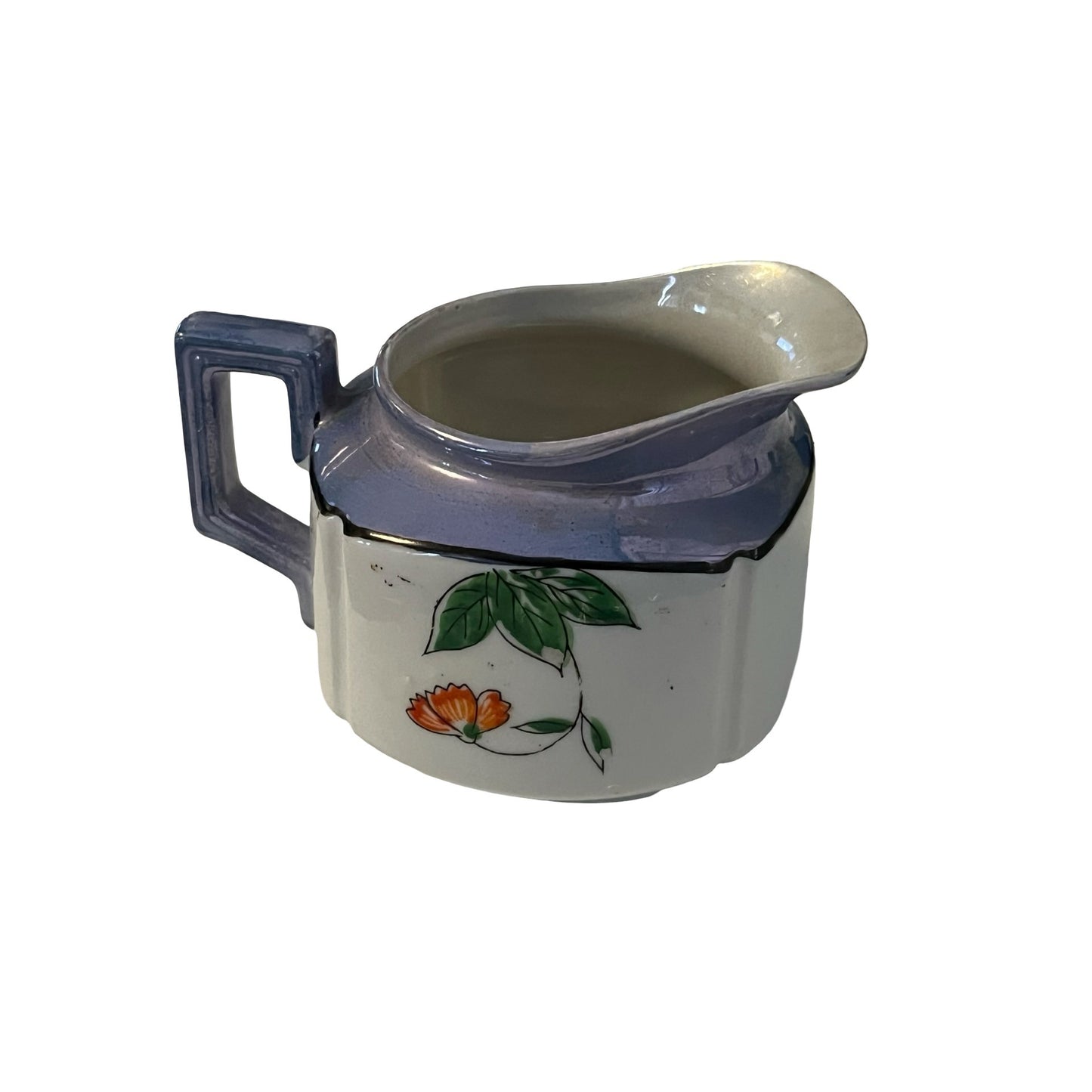 Vintage Japan Blue Lusterware Creamer Floral Pitcher Art Deco Handle Iridescent