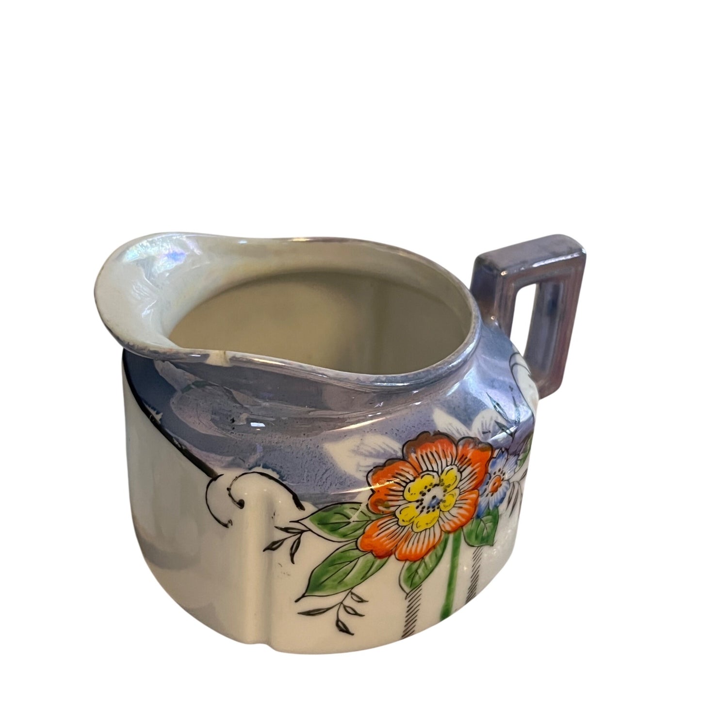 Vintage Japan Blue Lusterware Creamer Floral Pitcher Art Deco Handle Iridescent