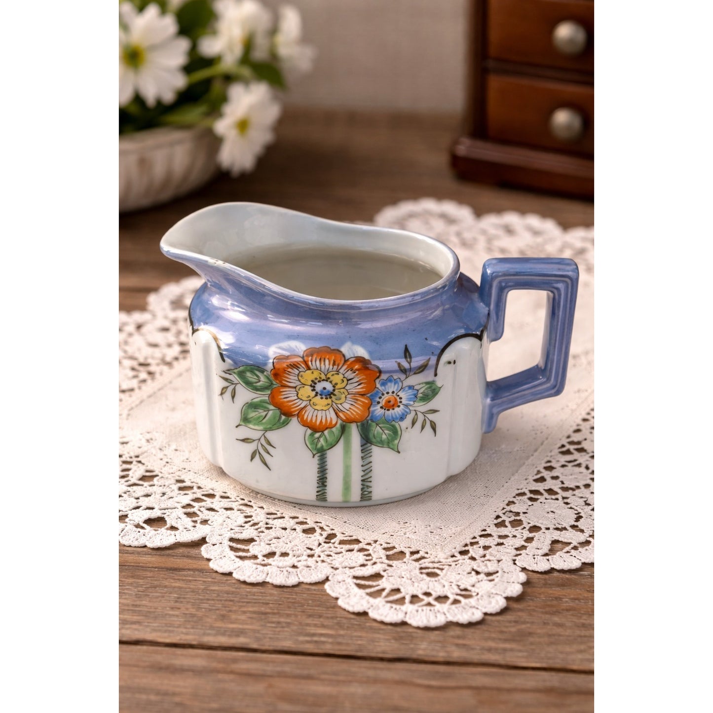 Vintage Japan Blue Lusterware Creamer Floral Pitcher Art Deco Handle Iridescent
