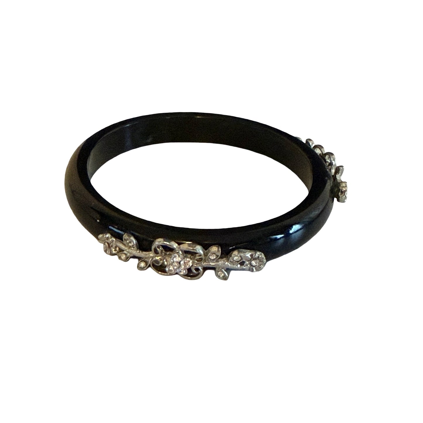Vintage Black Lucite Bangle Bracelet with Rhinestone Floral Silver Tone Accents 2.5"