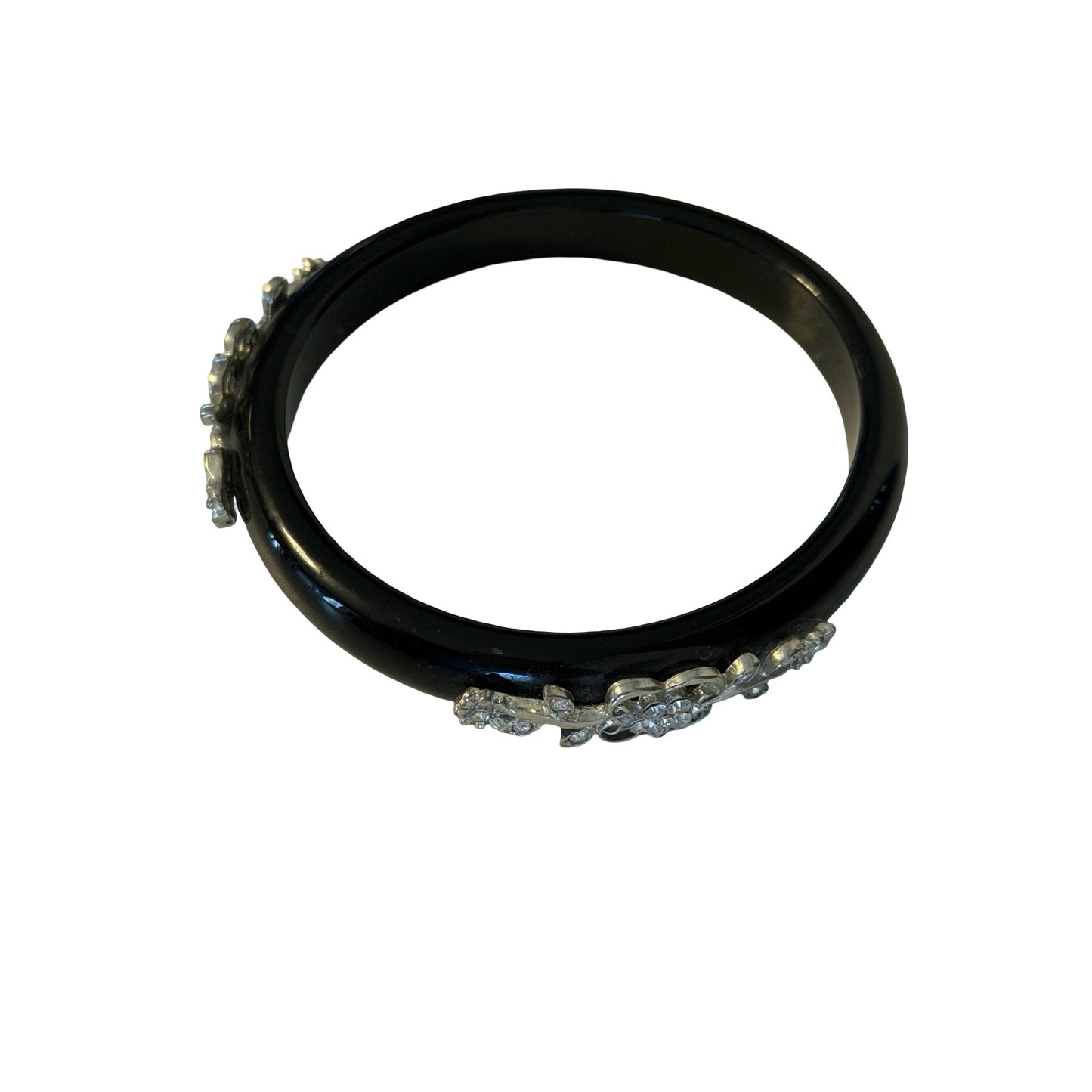 Vintage Black Lucite Bangle Bracelet with Rhinestone Floral Silver Tone Accents 2.5"