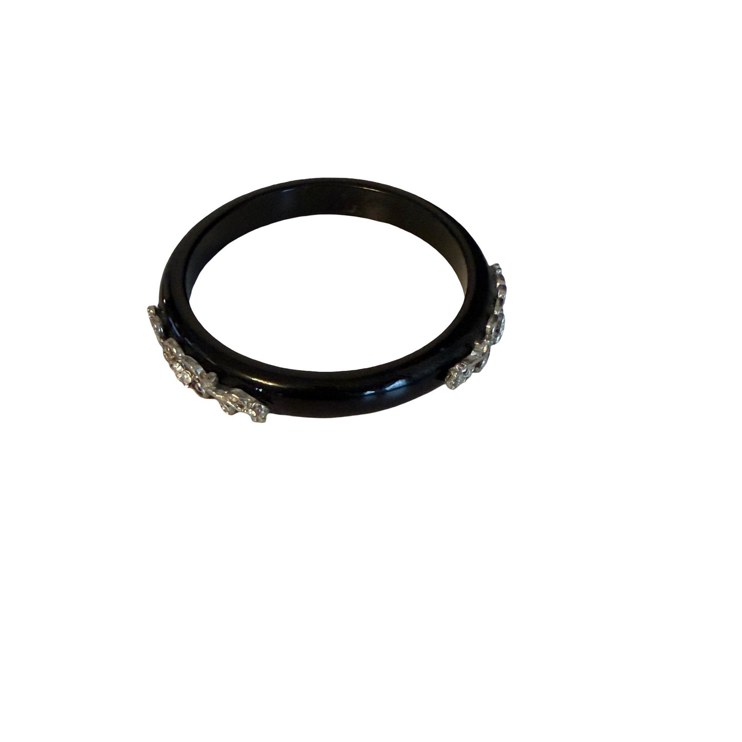 Vintage Black Lucite Bangle Bracelet with Rhinestone Floral Silver Tone Accents 2.5"