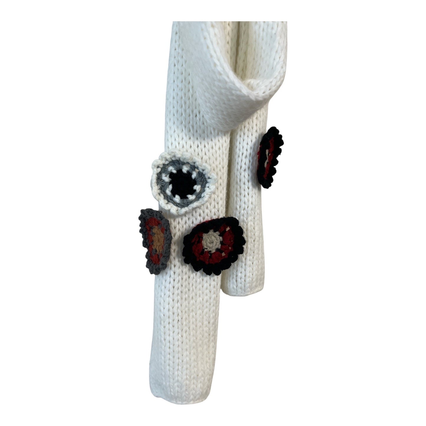 Handmade White Knit Scarf with Crocheted Circle Appliqués – Boho Winter Accessory – 64” Long