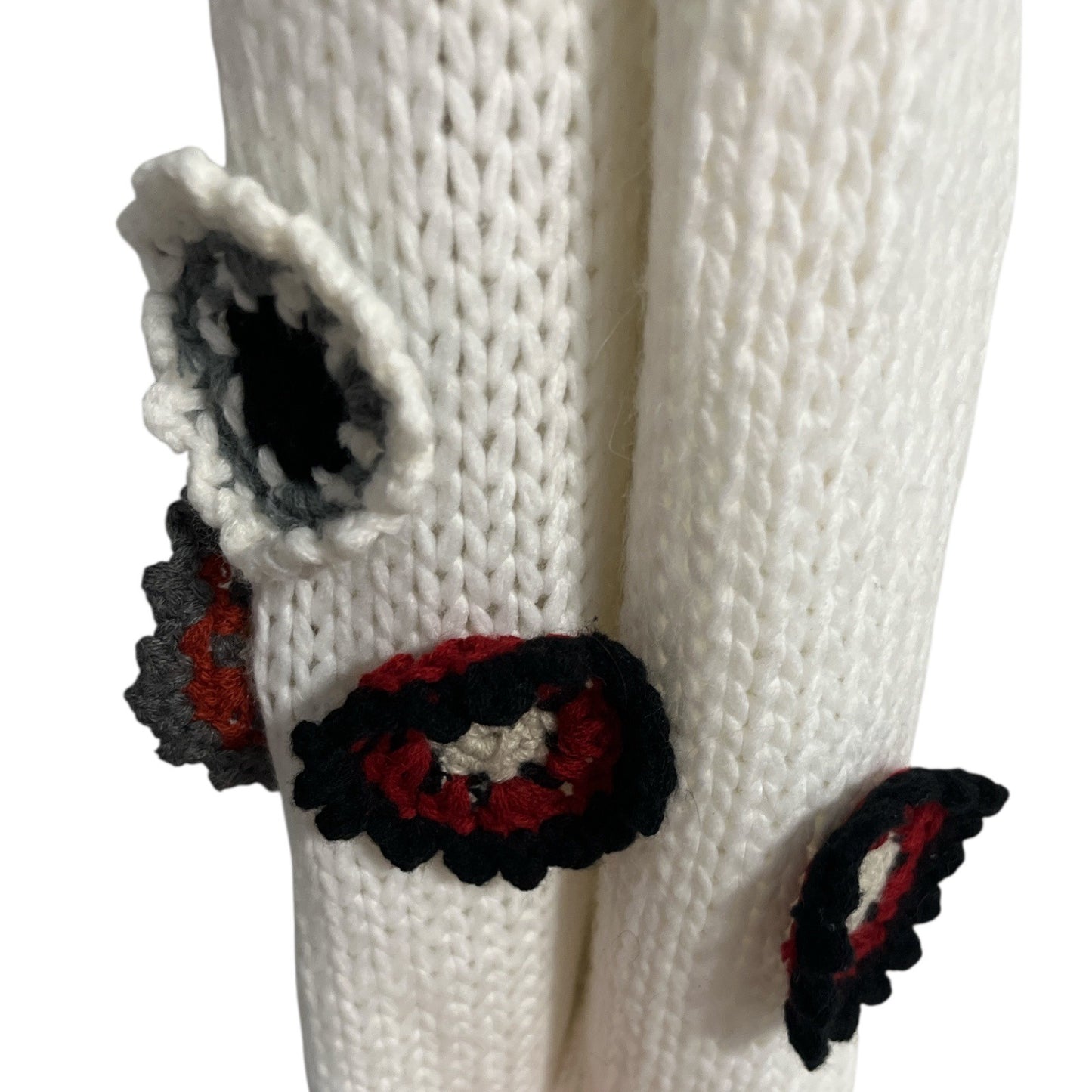 Handmade White Knit Scarf with Crocheted Circle Appliqués – Boho Winter Accessory – 64” Long
